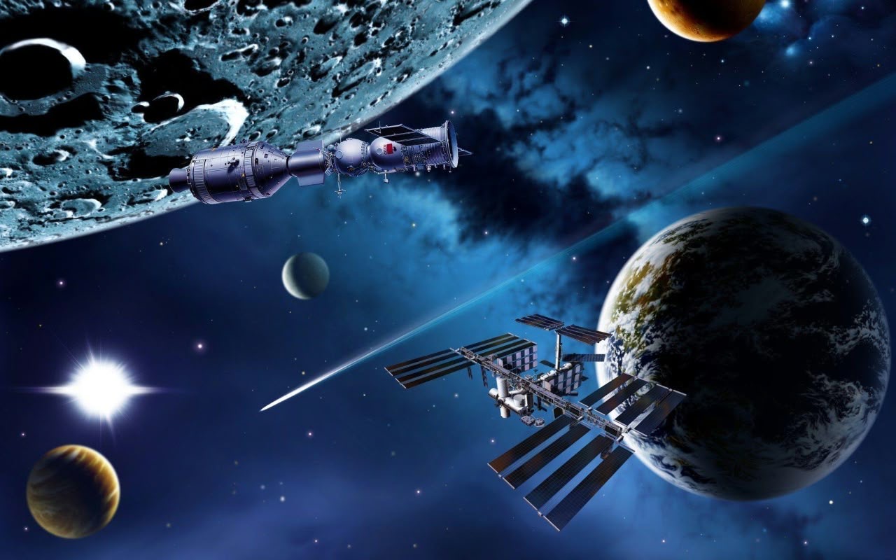 Spacecraft and space station orbiting near planets